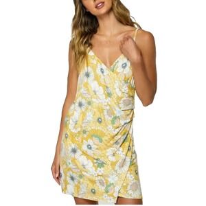 O'Neill Women's Kiki Floral Mini‎ Yellow Dress Jersey Faux Wrap Sundress Sz M